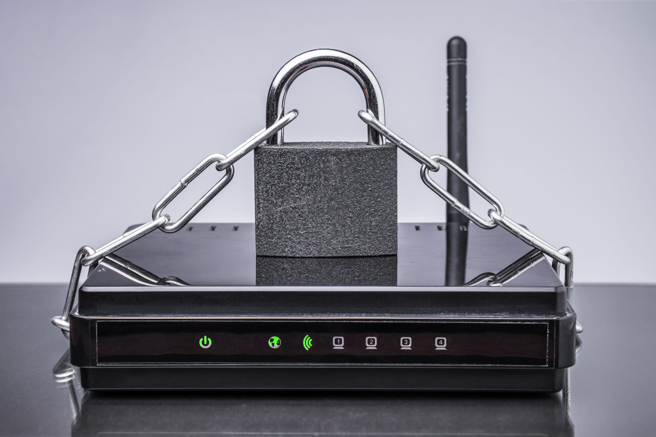 Router, chain and padlock. Password protected Wi Fi network
