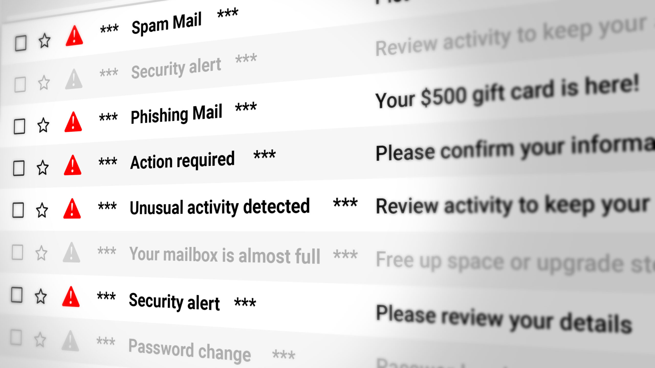 Email inbox full of scam emails
